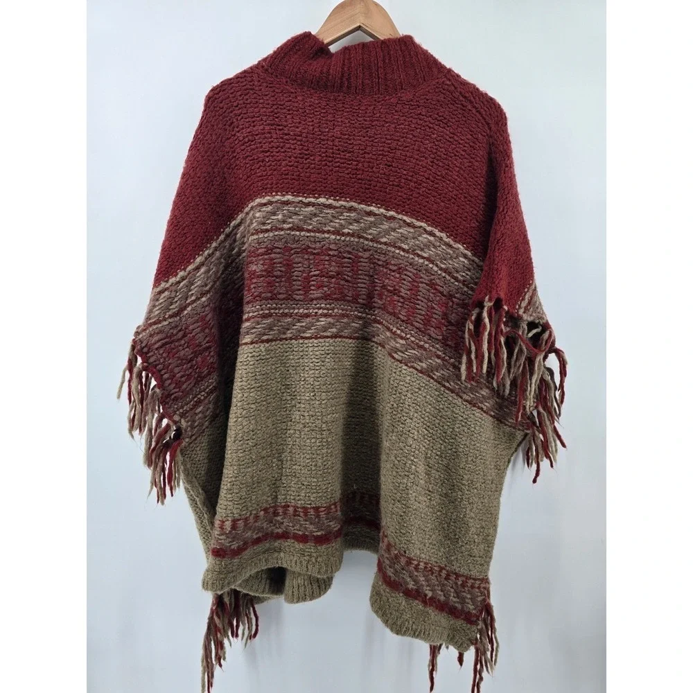 Free People Poncho Sweater Womens M/L Red Tan Fair Isle Fringe Mock Neck Boho